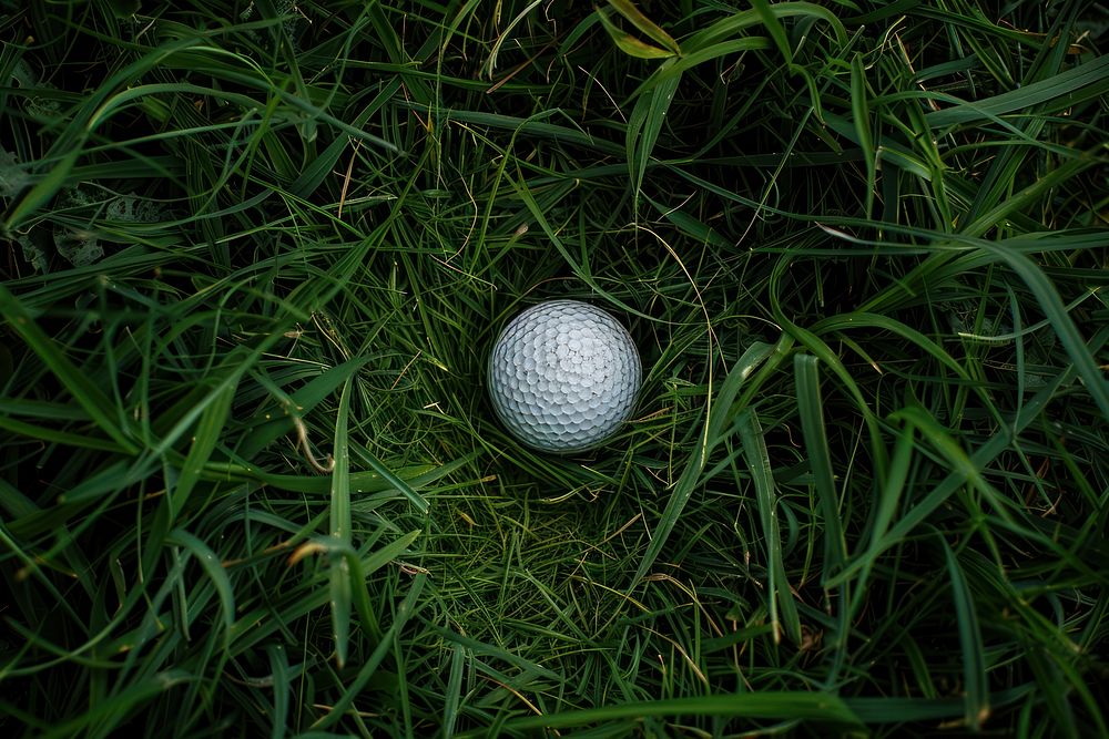 Golf ball on green grass sports recreation grassland.