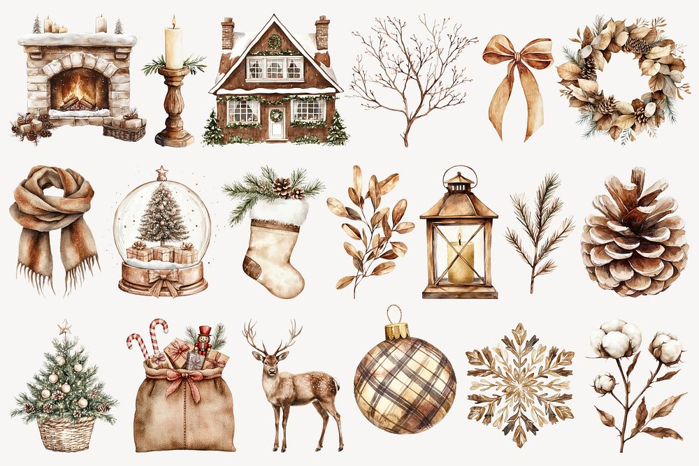 Cozy Christmas decorative design element set