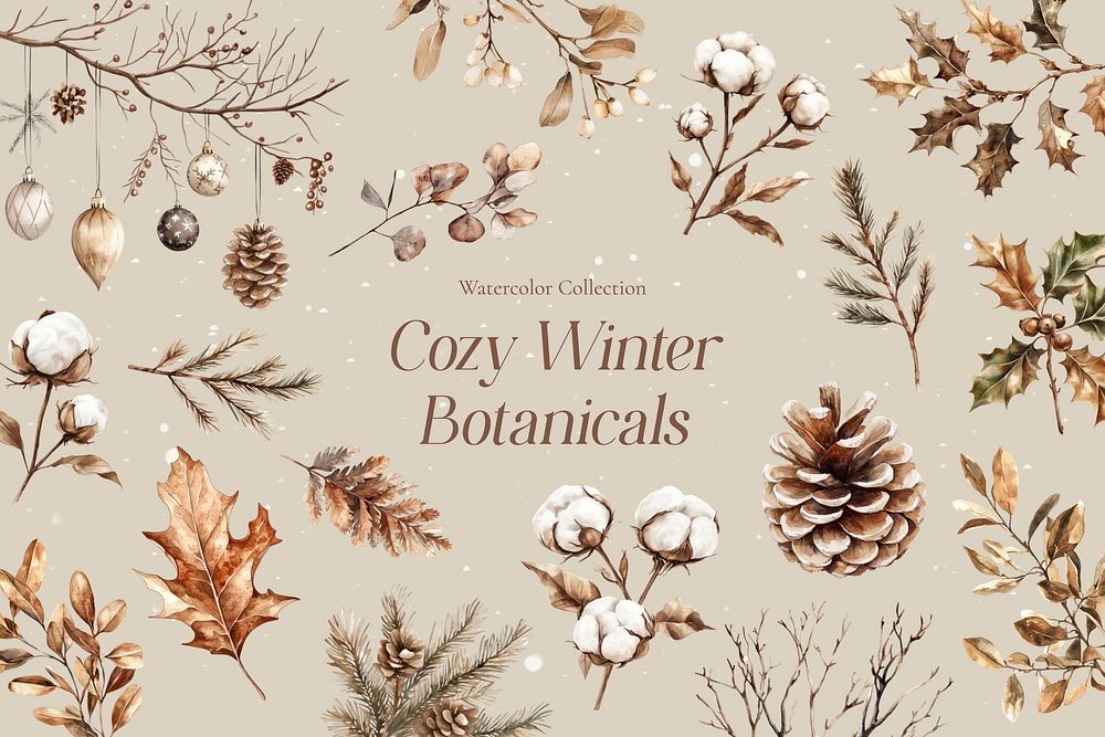 Cozy winter botanical design element set