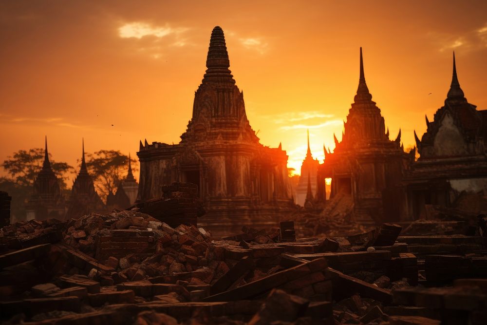 Ruins of Ayutthaya historic temple sunset.