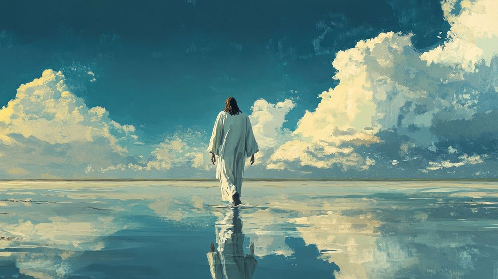 Jesus walking on water sky sea photography.