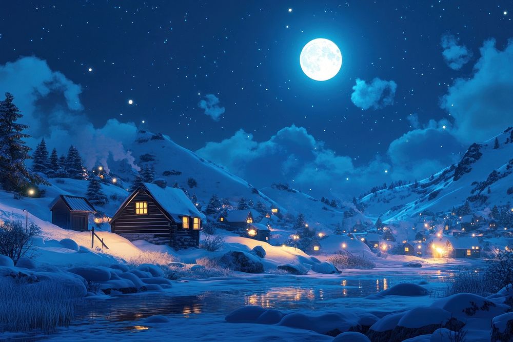 Serene snowy winter night landscape.