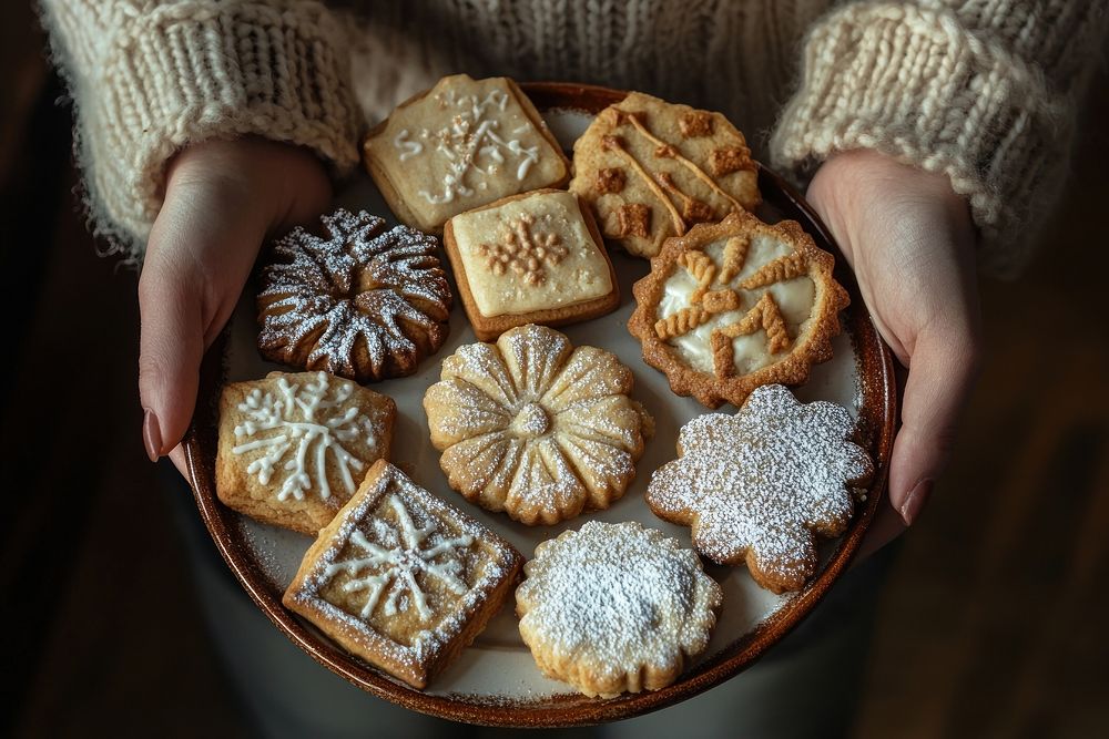 Homemade cookie winter plate hands.