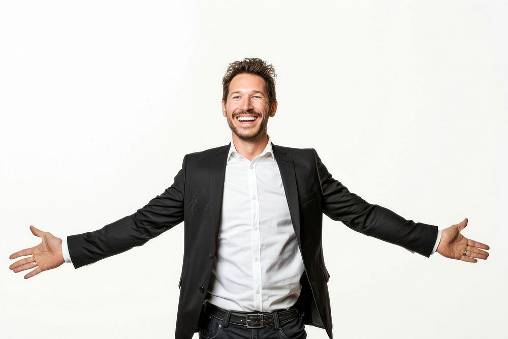 Man wearing suit background smiling happy.