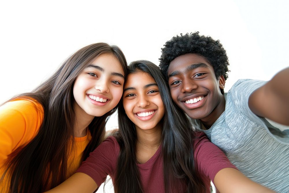 Friends taking a selfie teens diverse happy.