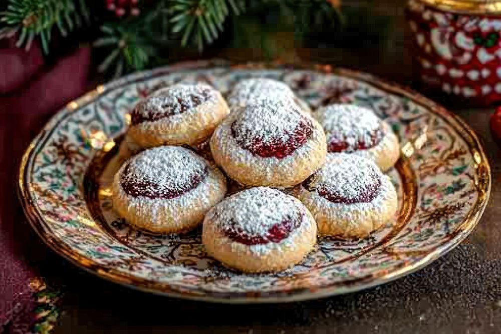 Cookies with jam-filled centers plate powdered festive.