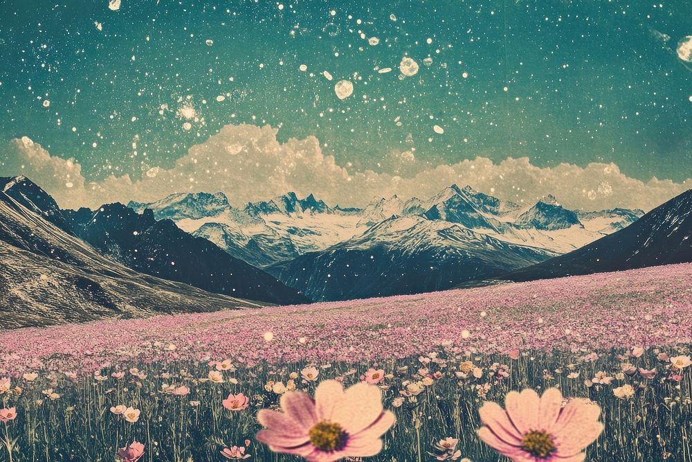 Snow field mountain flower landscape.