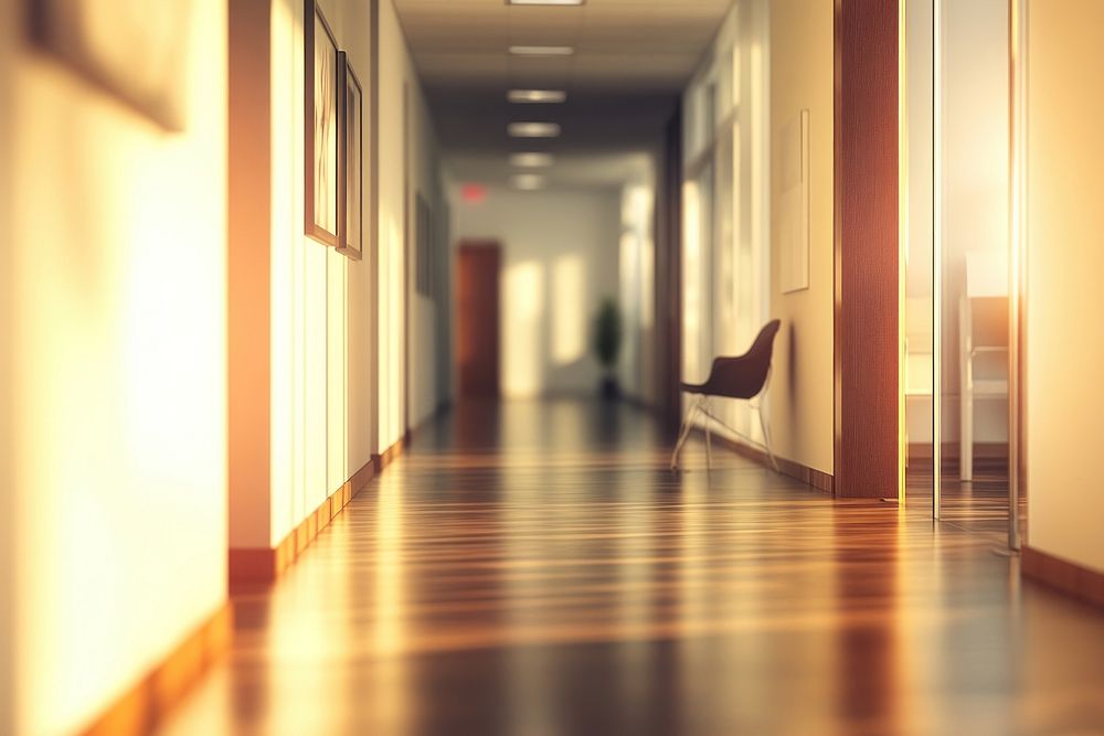 Sunlit modern office hallway