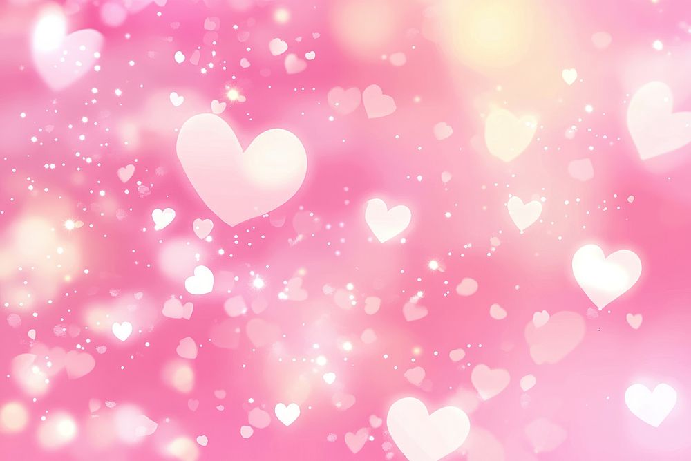 Pink pastel background with hearts and bokeh lights pink valentine's atmosphere.