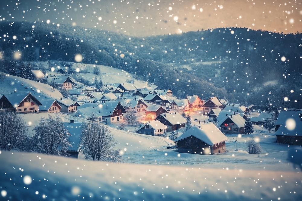 Cozy winter village scene snowfall