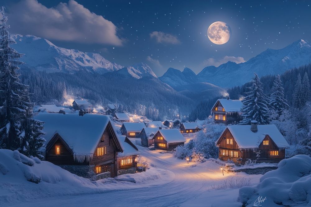 Cozy winter village under moonlight.