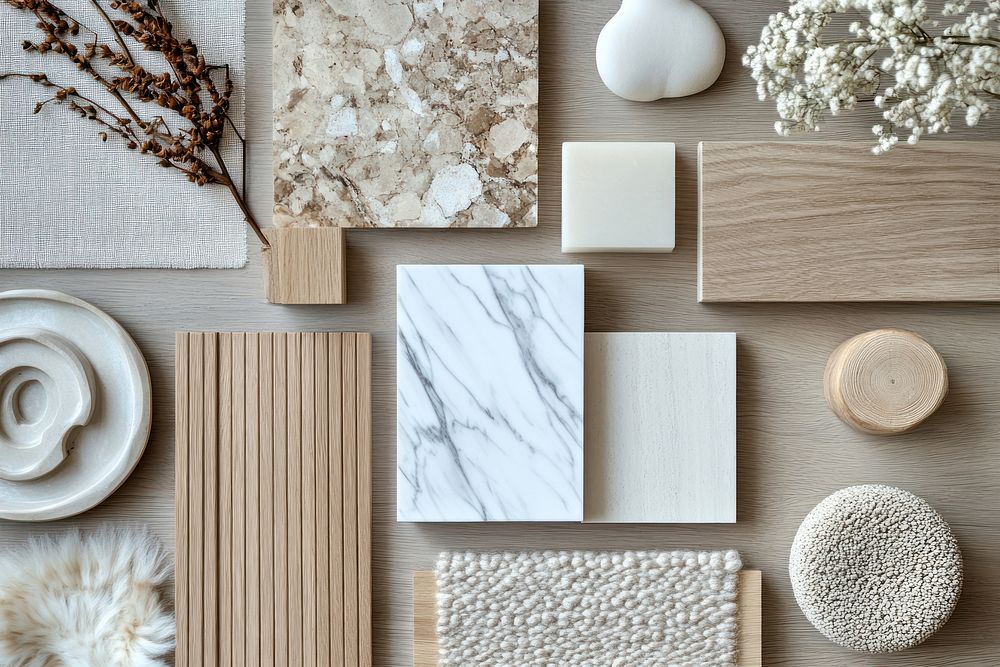 Materials for interior design marble wood aesthetics.