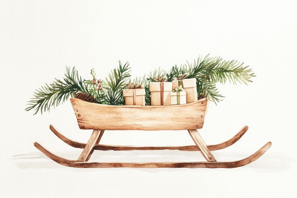 Wooden sled with christmas tree branches illustration sleigh boxes.