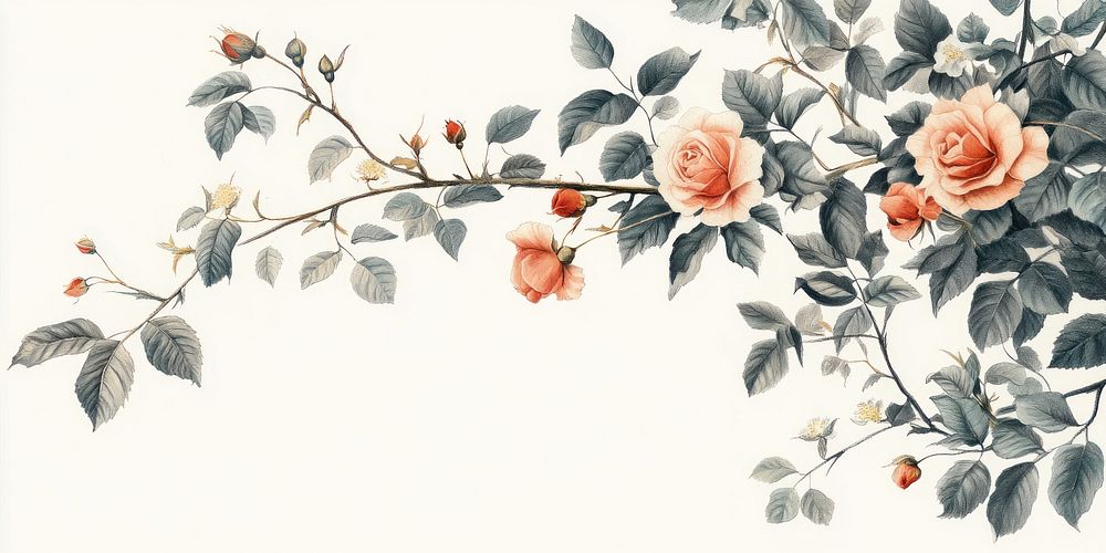 Vintage drawing of rose branch flowers roses art.