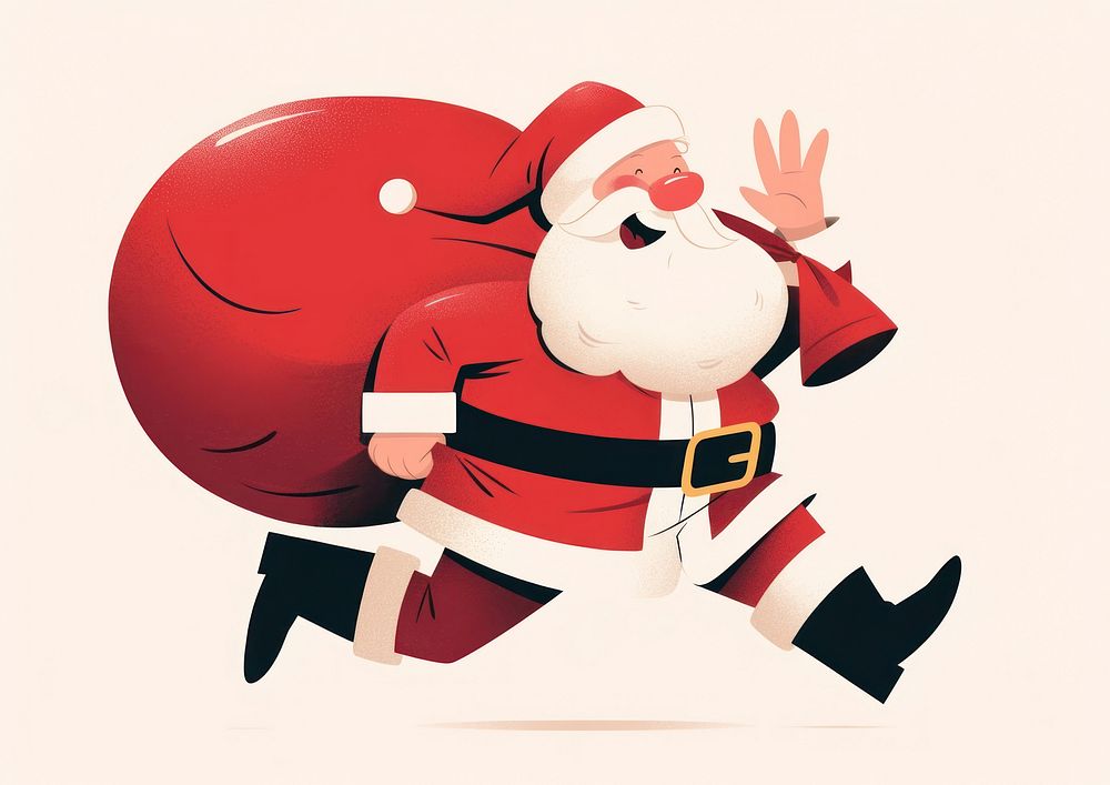 Santa Claus is running with his huge red bag gift cartoon illustration winter.