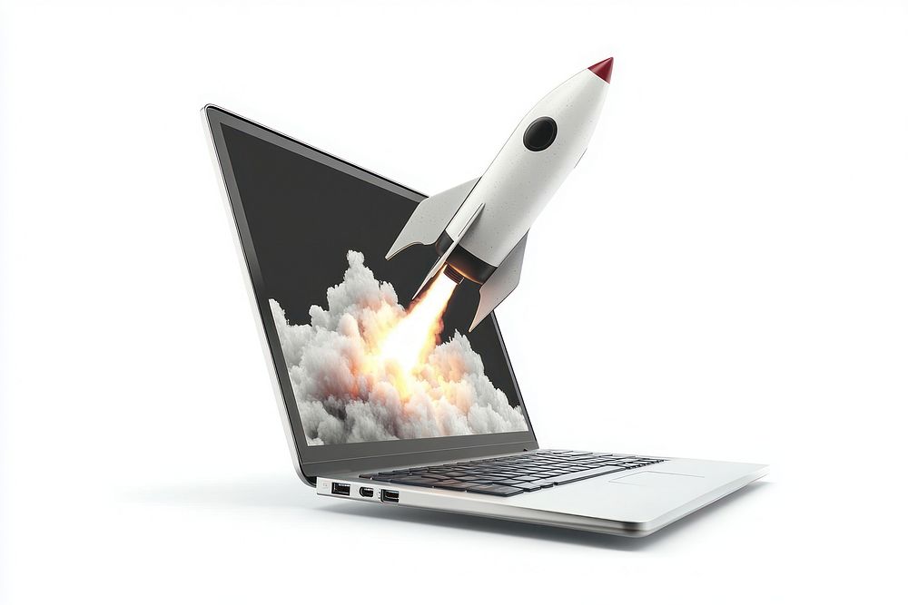 A laptop with a rocket emerging from the screen electronics ammunition technology.