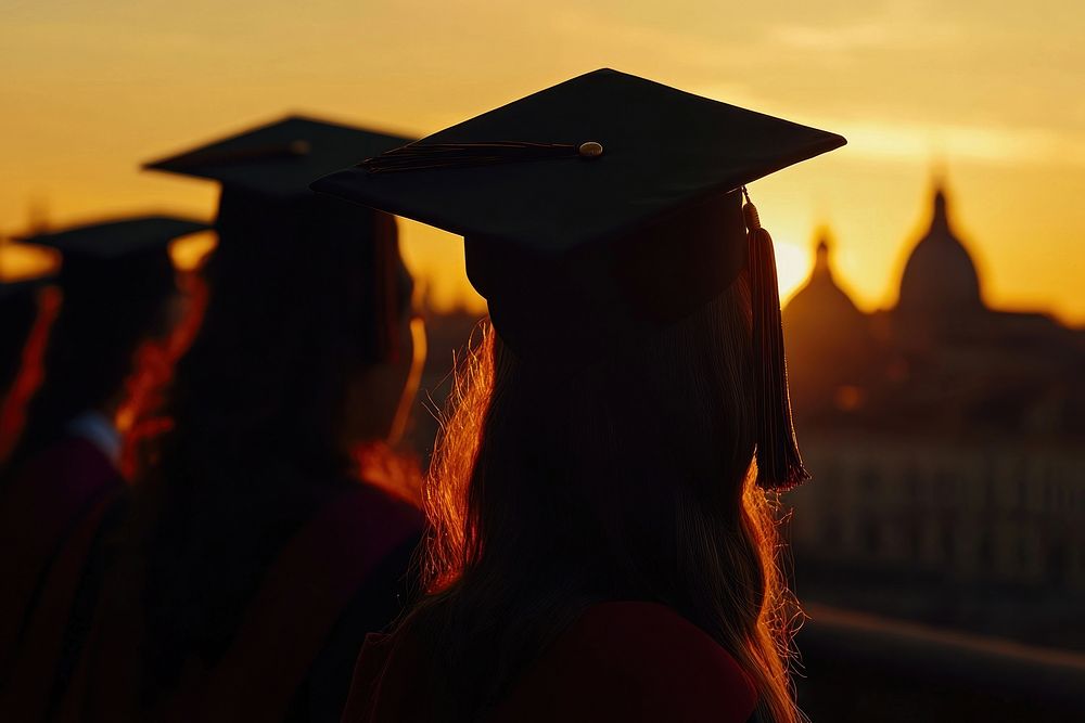 Students with graduate caps graduation silhouette background.