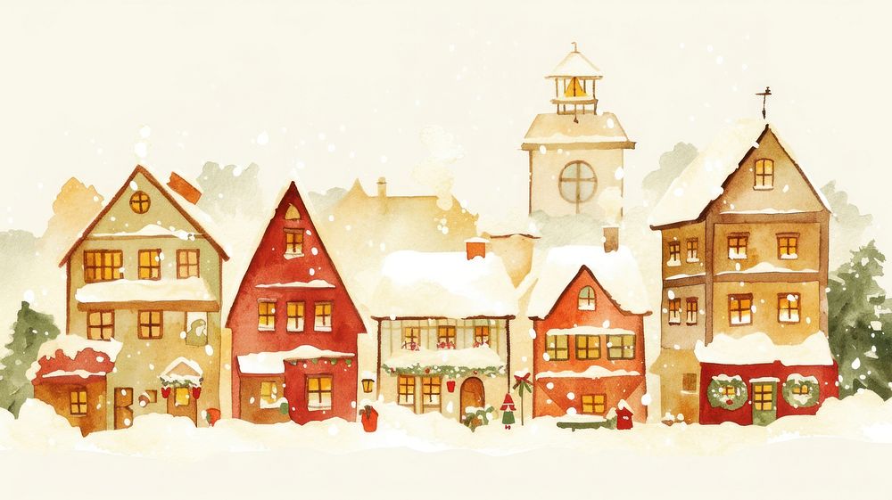 Christmas five houses architecture illustration watercolor.