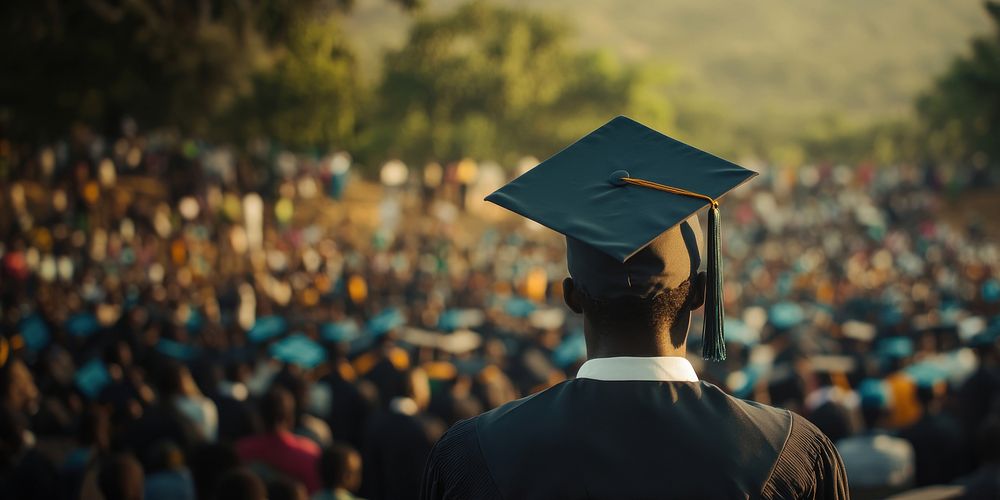 Graduation ceremony with diverse attendees.