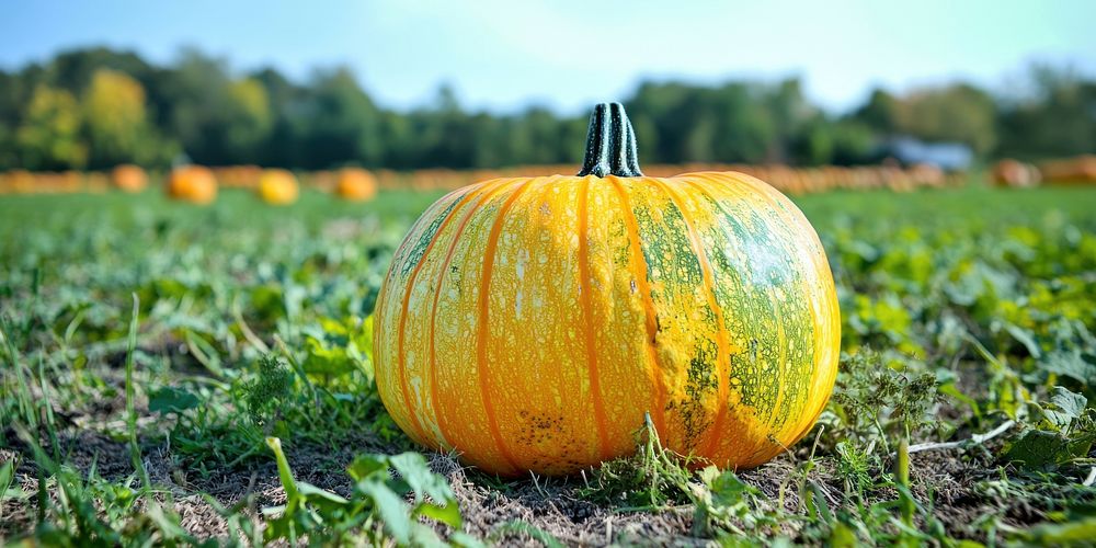 Real pumpkins produce harvest field.