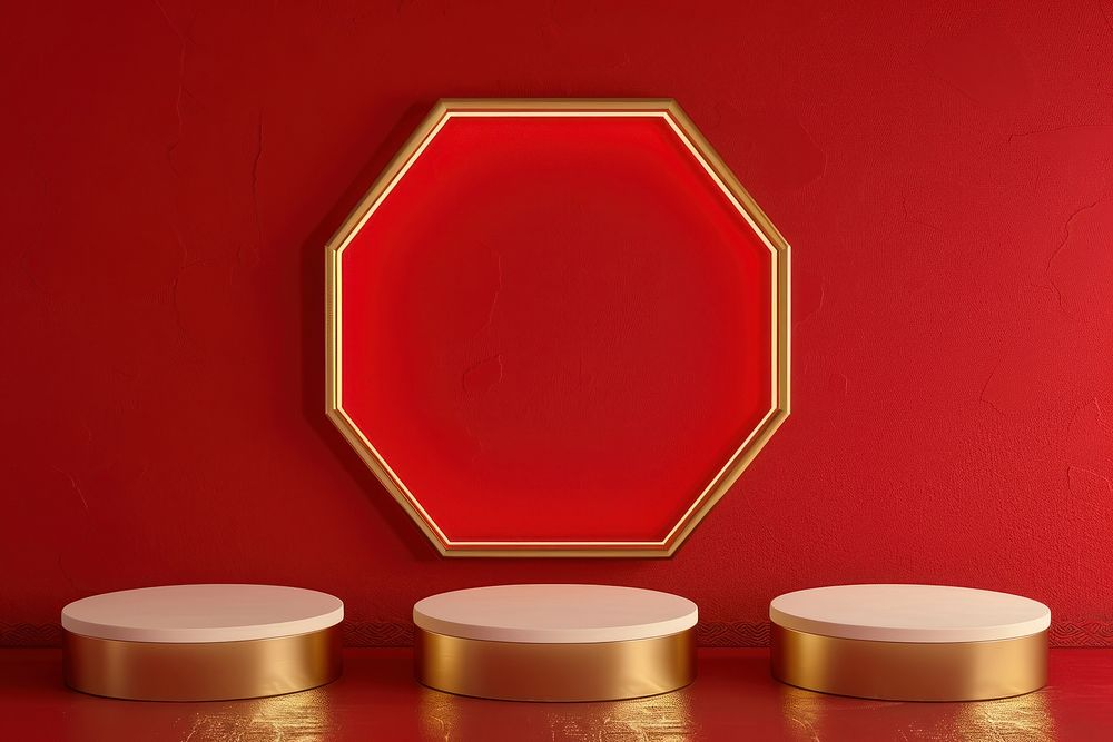 Abstract red background with three hexagonal ipedestals display frame gold.