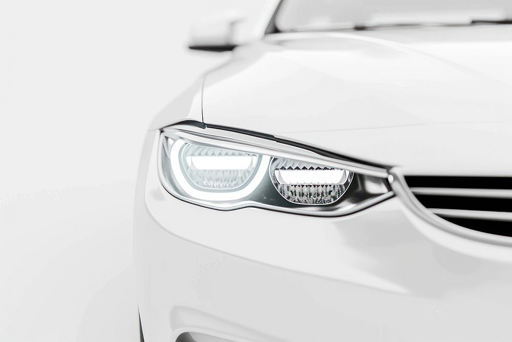 Close-up of the headlight and front light on a white car automobile vehicle elegant.