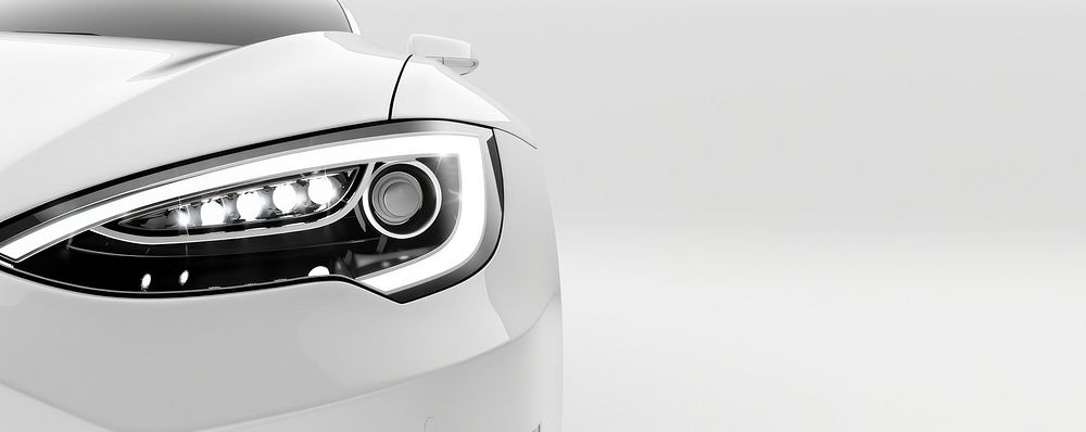 Close-up of the headlight and front light on a white car automobile background vehicle.