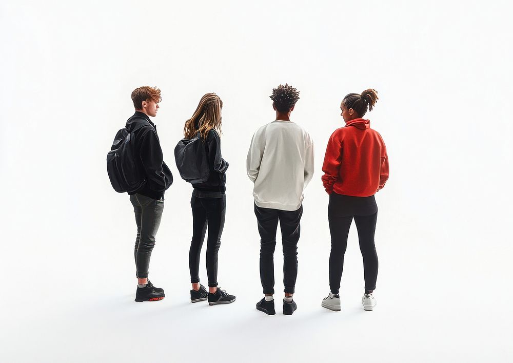 Group of young people talking standing backpacks person.