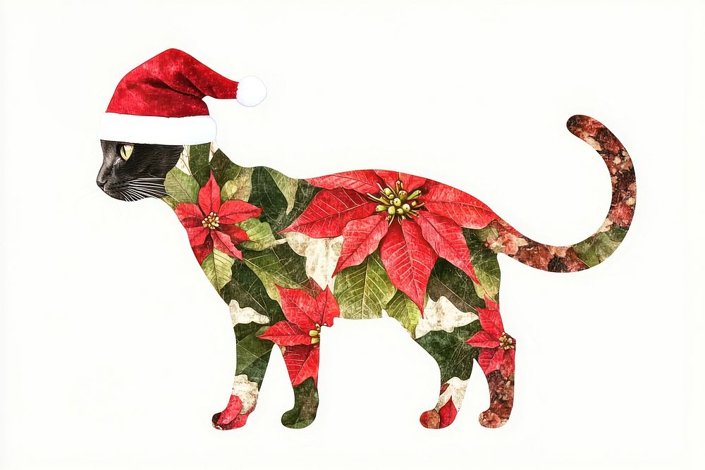 Poinsettia christmas flower Collage cat wearing Santa hat illustration pattern animal.