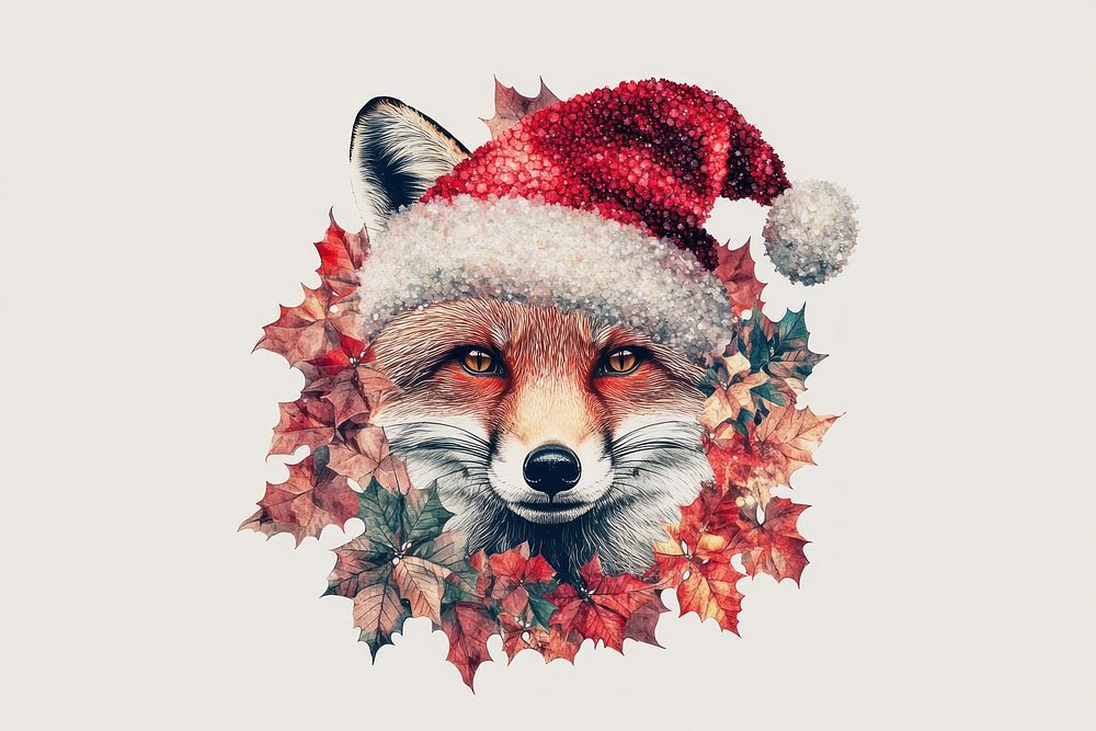 Poinsettia Flower Collage fox wearing Santa hat illustration christmas animal.