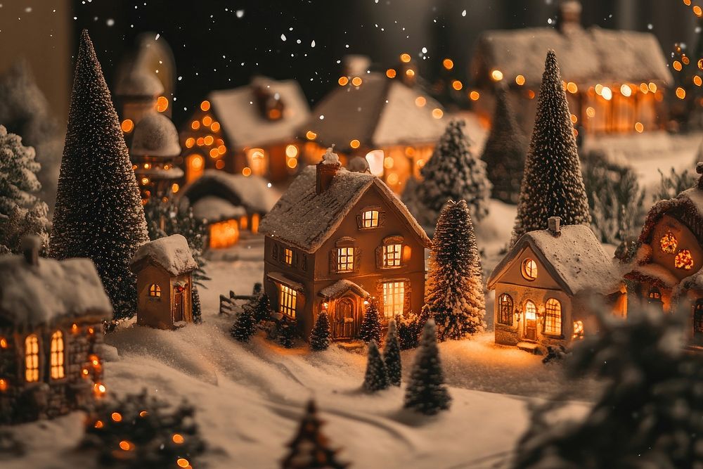 Christmas village with Snow in vintage style christmas landscape holiday.