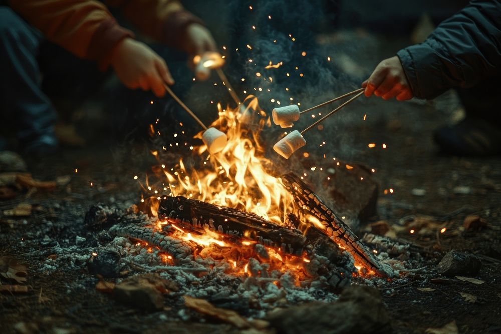 Friends roasting marshmallows over the bonfire camping outdoor flames.