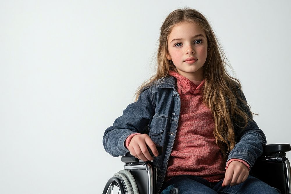 Girl sitting on a wheelchair portrait child photo.