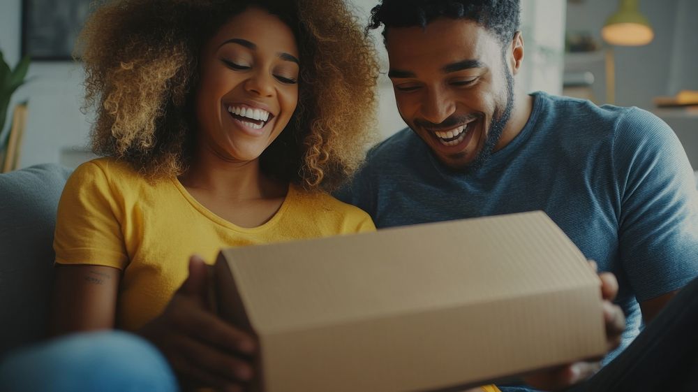 Happy couple opening package together.