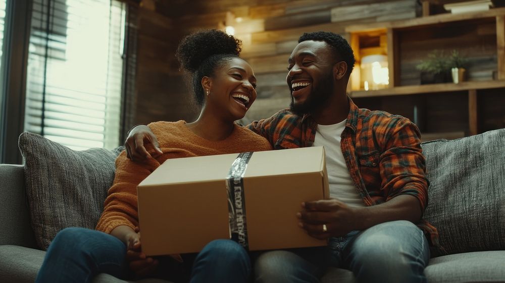 Happy couple opening gift box.