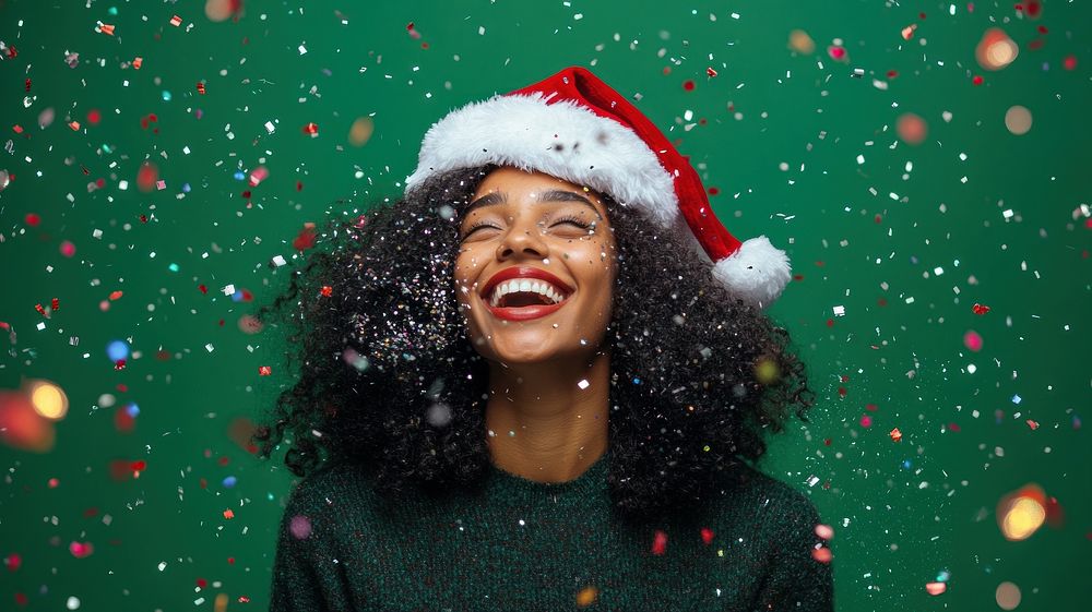 Happy woman celebrating Christmas hat background christmas.