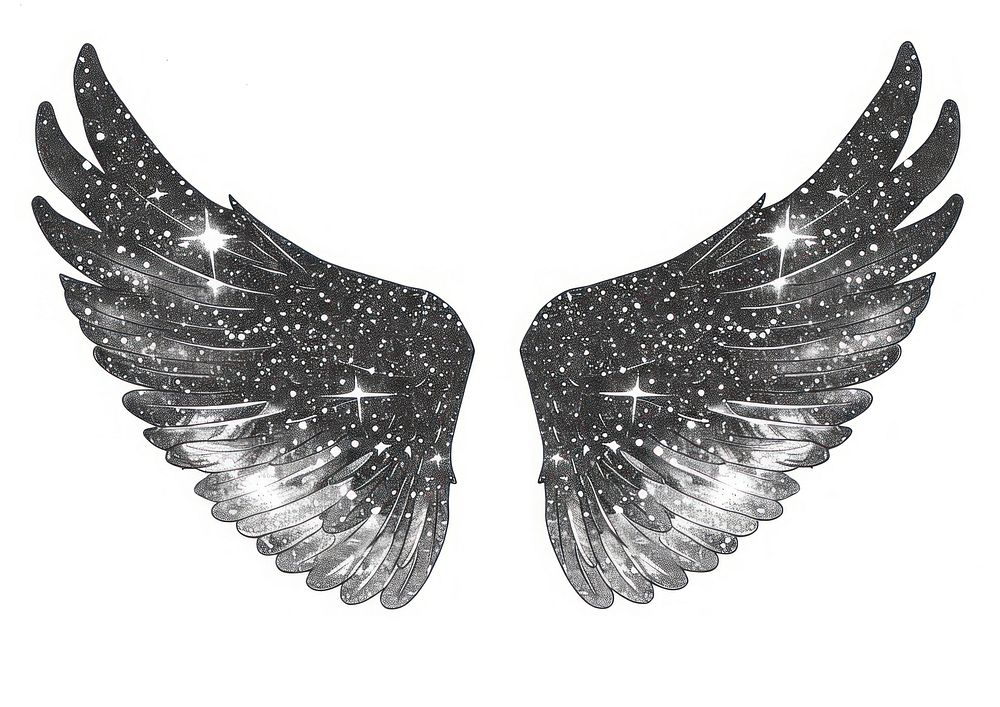 Celestial illustration of wings with stars sparkling ethereal black.