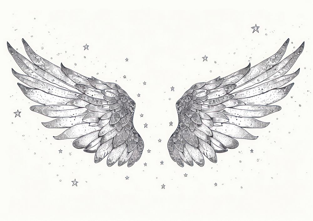 Celestial illustration of wings with stars black white art.