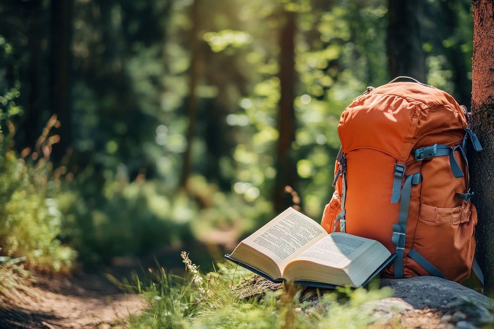 Backpack and book backpack forest hiking.