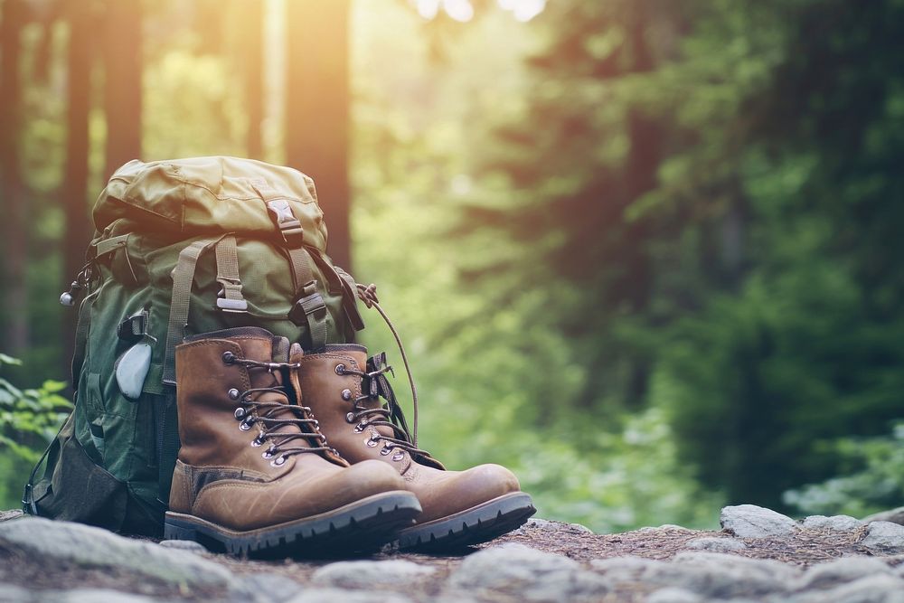 Backpack and leather ankle boots backpack forest hiking.