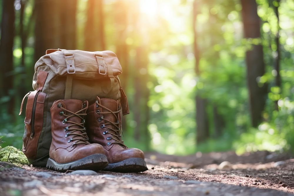 Backpack and leather ankle boots backpack forest hiking.