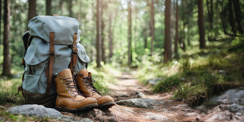 Backpack and leather ankle boots backpack hiking forest.