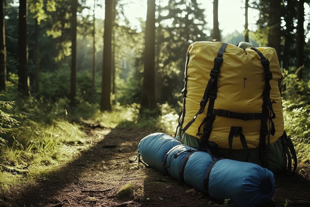 Backpack and sleeping bag backpack forest hiking.