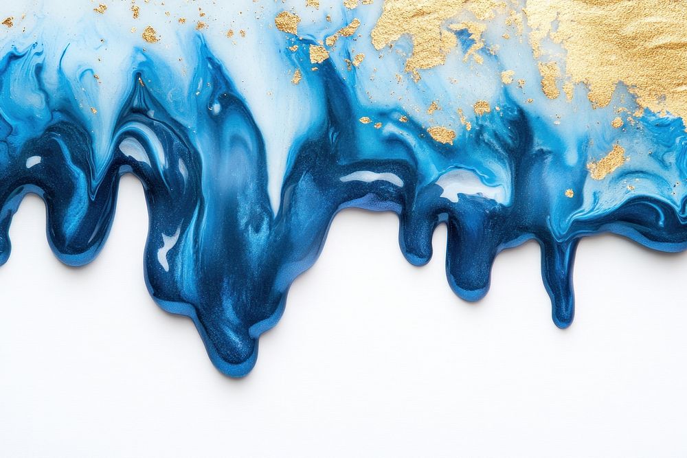 Blue and gold drip melted border abstract creative painting.