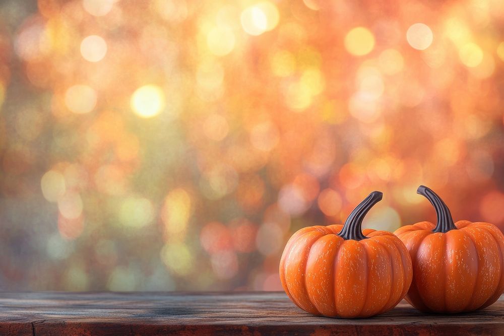 Pumpkins on a wooden table background orange bokeh.