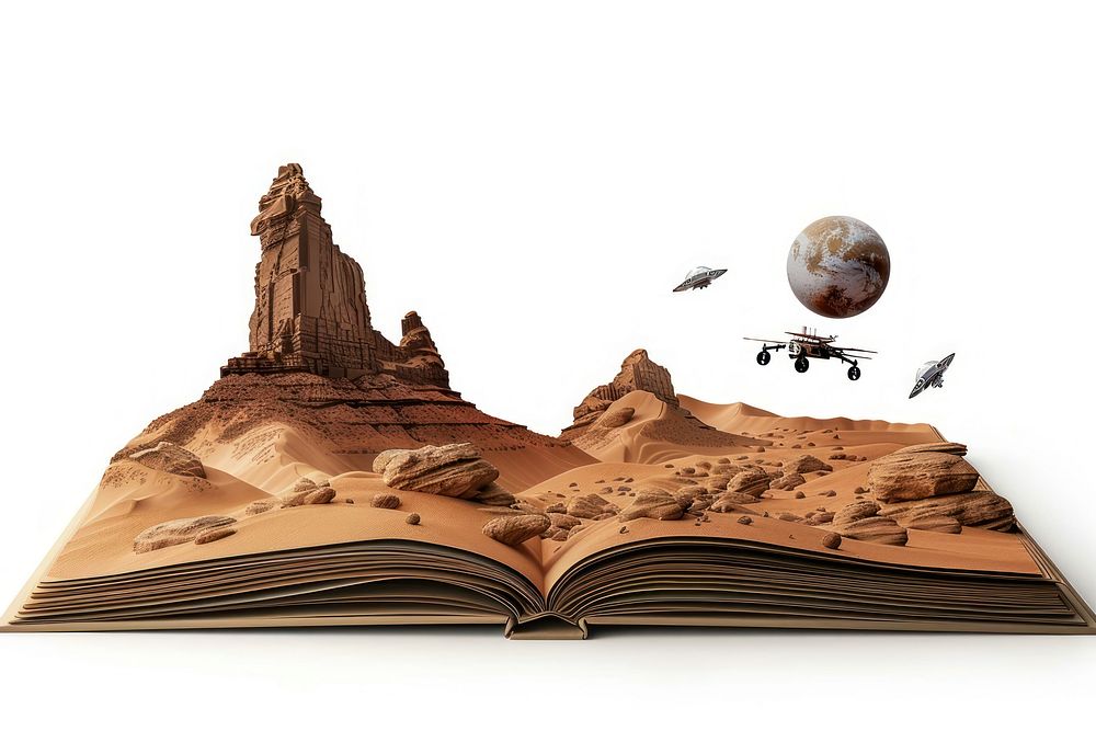 Mars surface and hover robot book open transportation.