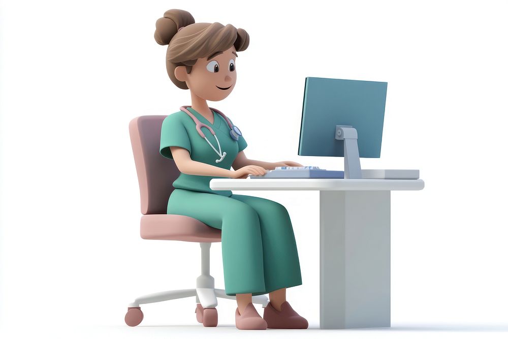 Nurse computer sitting cartoon.