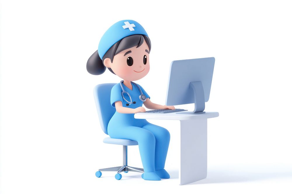 Nurse computer character sitting.