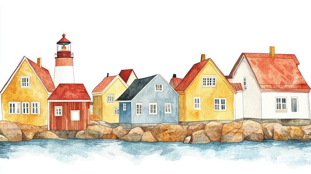 Colorful Norway fishing village architecture houses illustration.