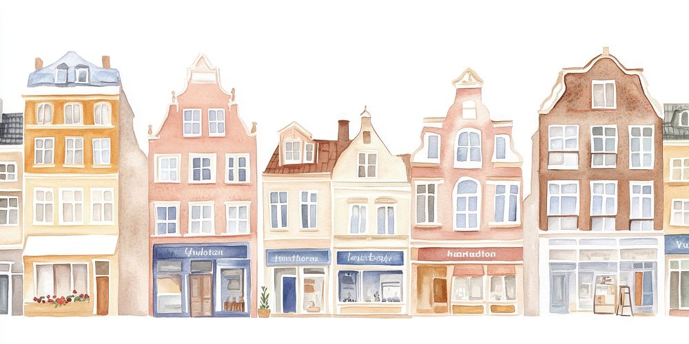 Pastel European city rowhouses architecture illustration watercolor.